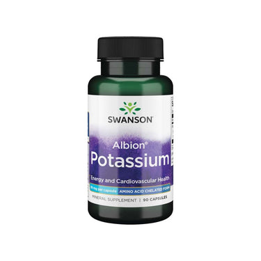 Swanson Albion Potassium 99 mg is a mineral supplement in a bottle of 90 capsules. It supports energy, cardiovascular health, and electrolyte balance, featuring Albion glycinate chelate.